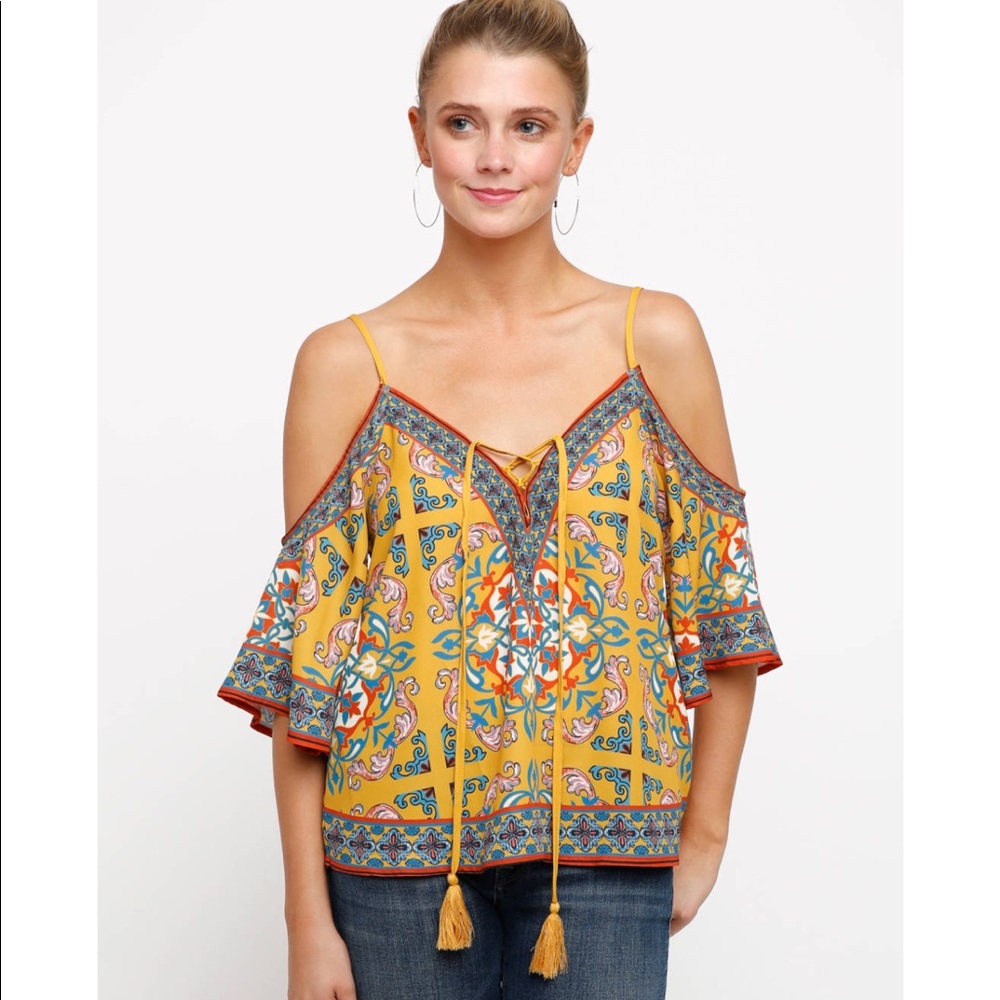 Cold Shoulder Patterned Blouse in Yellow NWOT - Picture 2 of 6